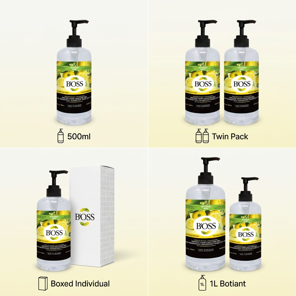 Grid of BiOSS lemon hand sanitizer showing 500ml, twin pack, boxed individual, and 1L variants.