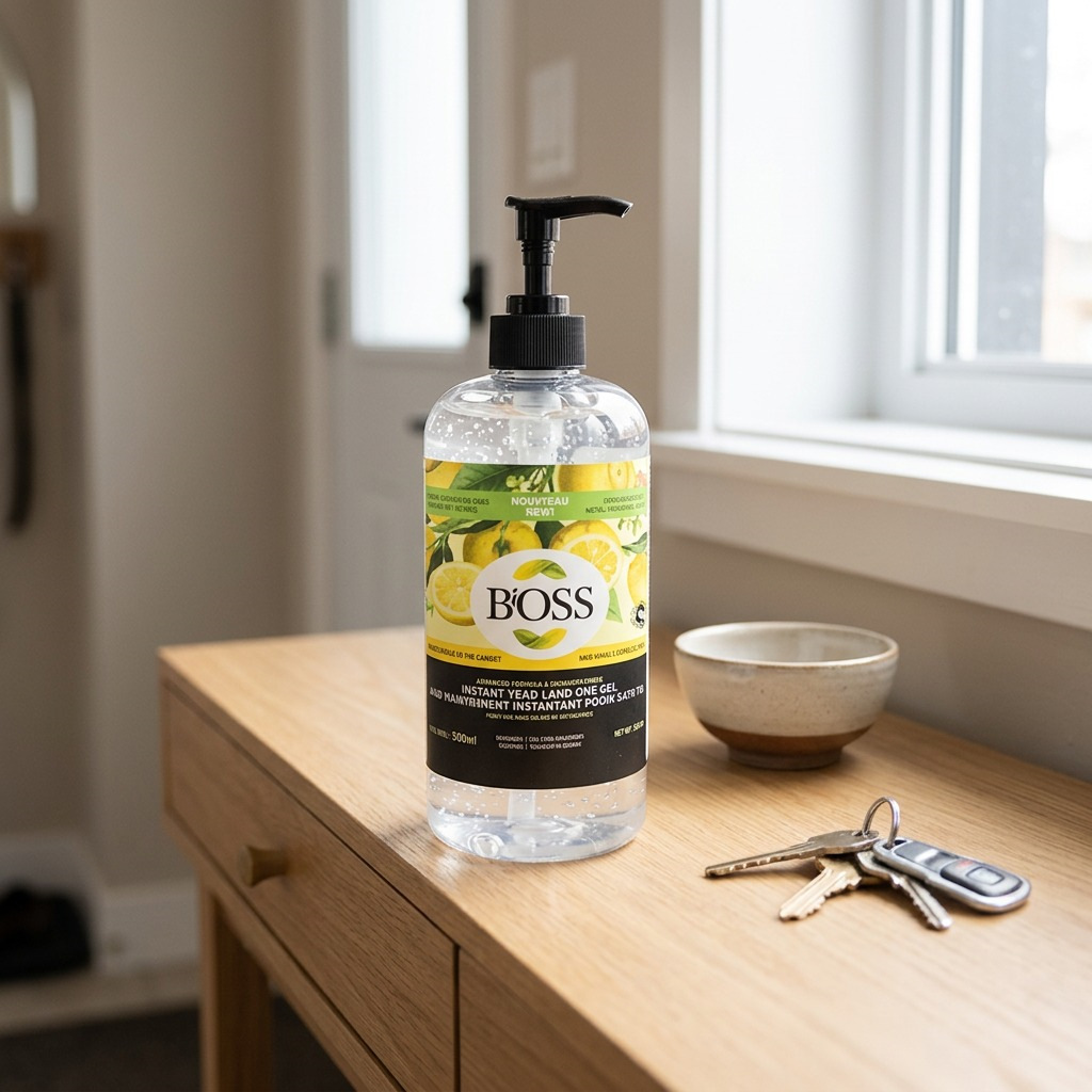 BiOSS 500ml lemon hand sanitizer pump bottle on a wooden entryway table with keys and a small bowl.