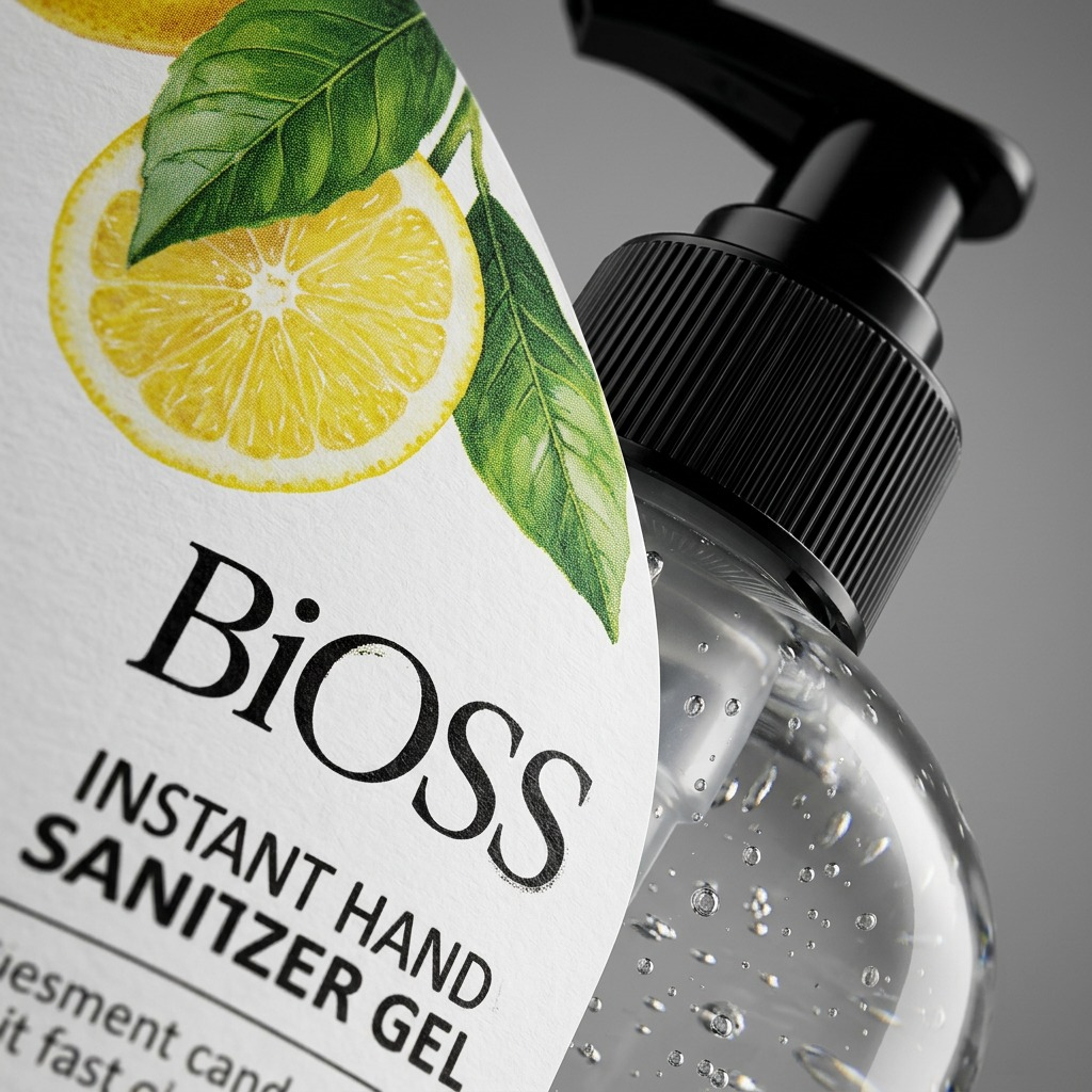 Macro detail of BiOSS 500ml hand sanitizer showing clear gel, black pump, and lemon label design.