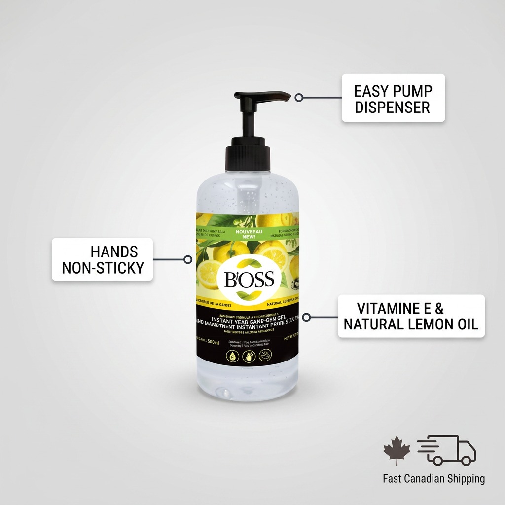 BiOSS 500ml hand sanitizer bottle featuring an easy pump dispenser and Vitamin E lemon oil formula.