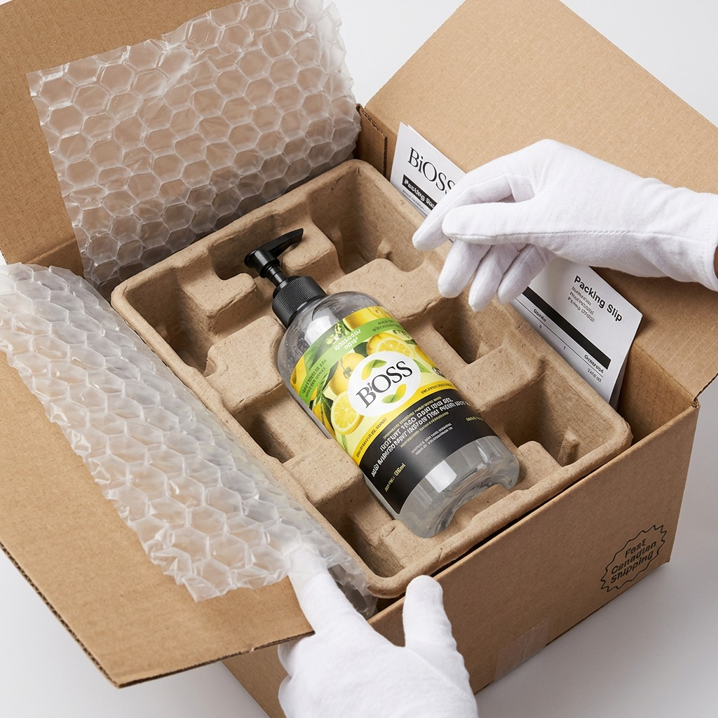 BiOSS 500ml hand sanitizer in a secure cardboard shipping box with protective bubble wrap inserts.