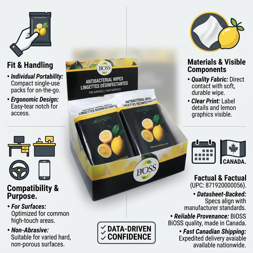 Infographic for BiOSS Antibacterial Wipes showing travel packs, lemon scent, and fast Canada shipping.