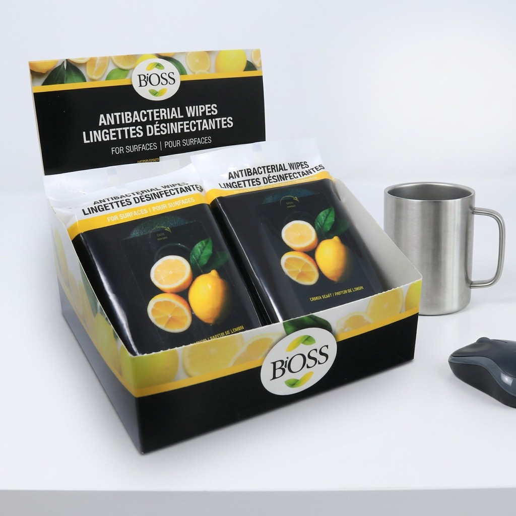 BiOSS Antibacterial Surface Wipes 10-pack display box beside a metal coffee mug for scale.