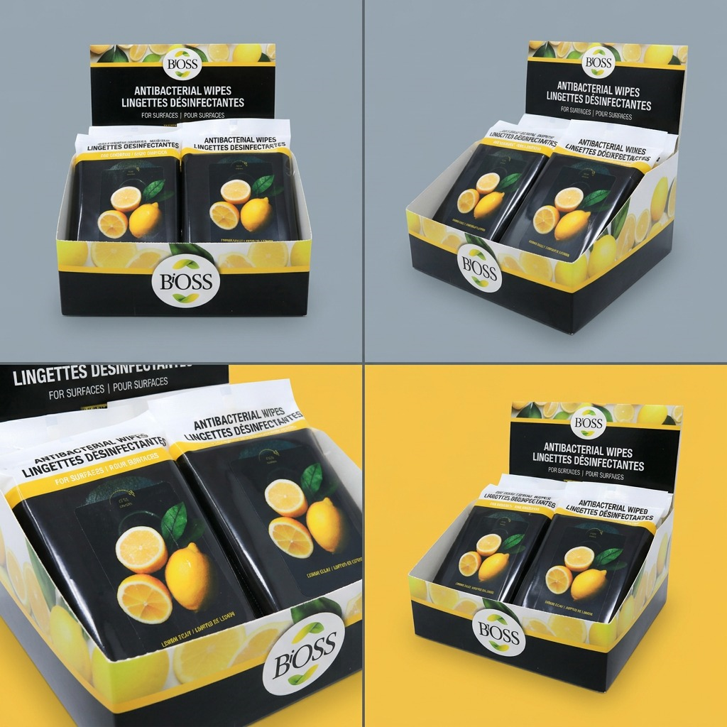 Grid of BiOSS Antibacterial Surface Wipes travel pack display boxes from multiple angles.