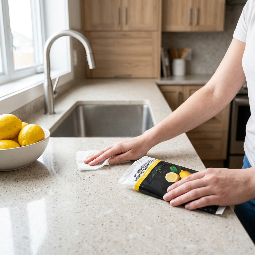 A person uses a BiOSS Antibacterial Surface Wipe to clean a stone kitchen countertop near a sink.