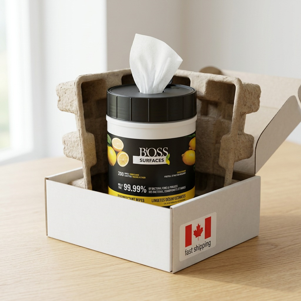 BiOSS lemon disinfecting surface wipes in a secure cardboard shipping box with fast shipping label.