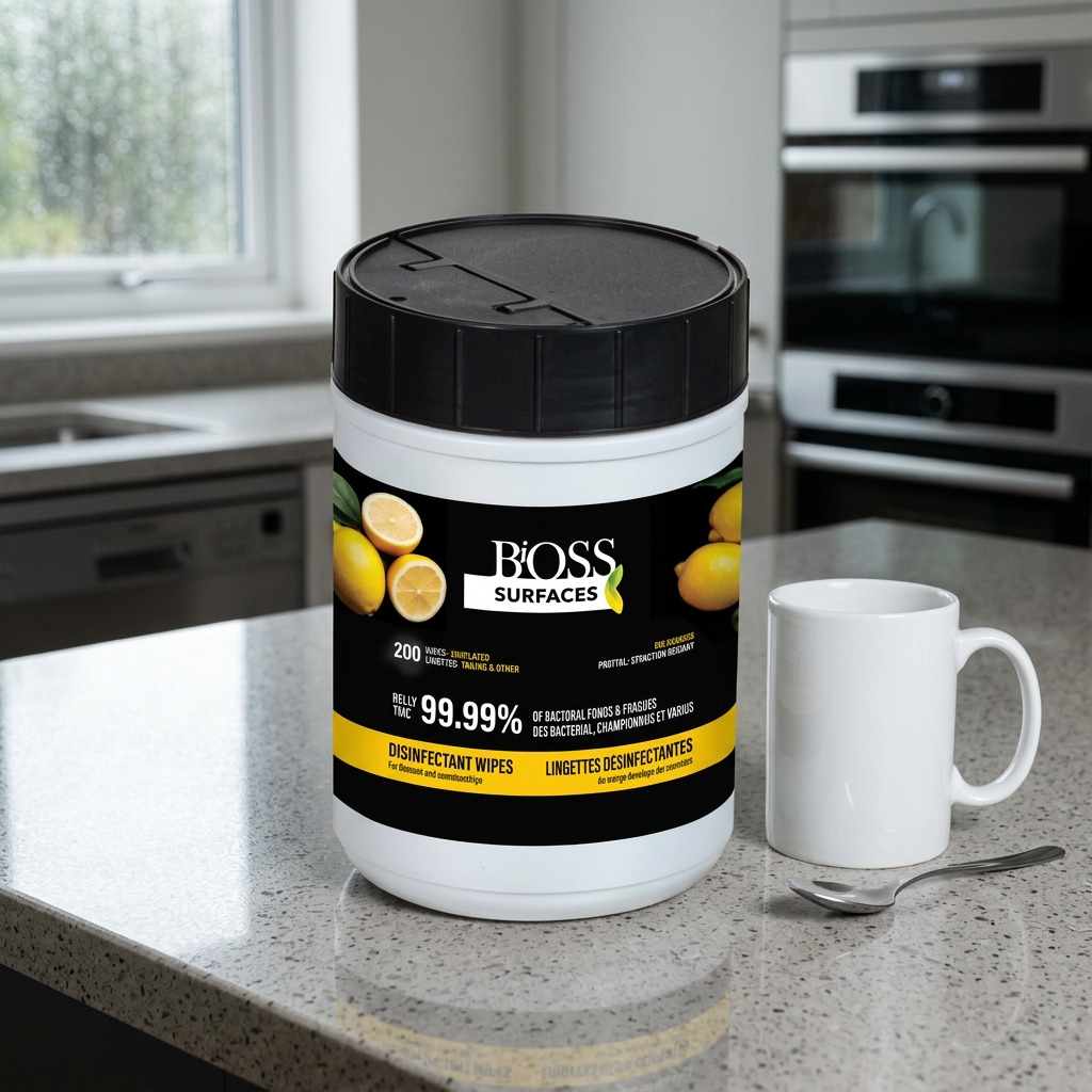 BiOSS 200-count disinfecting lemon wipes canister on a kitchen counter next to a white coffee mug.