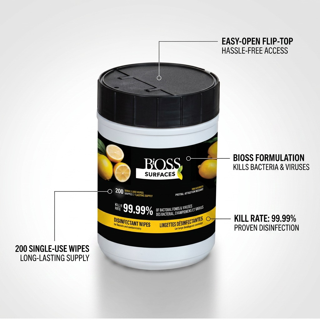 BiOSS Disinfecting Surface Wipes 200-count lemon scent canister showing flip-top lid and 99.99% kill rate.