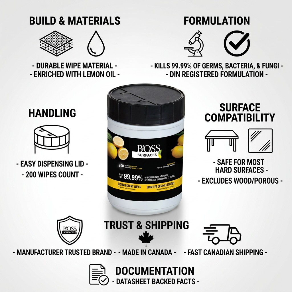 BiOSS lemon disinfecting wipes infographic showing features, 200 count, and fast Canadian shipping.
