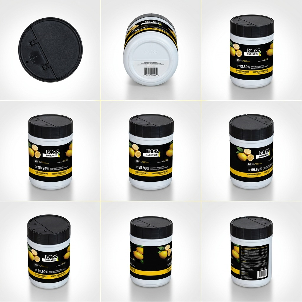 Grid showing BiOSS Lemon Disinfecting Surface Wipes from nine angles, including top and bottom views.