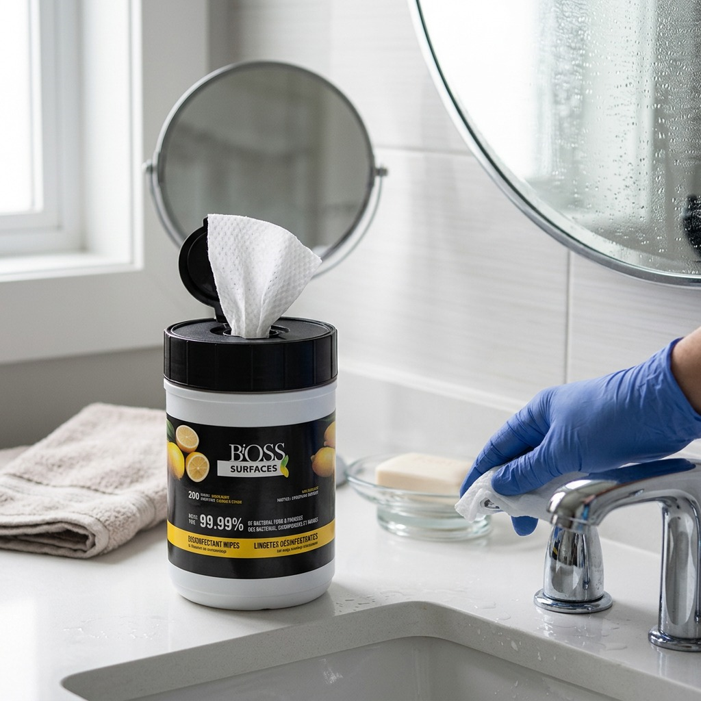 Person cleaning a bathroom faucet with BiOSS lemon disinfecting wipes near the 200-count canister.