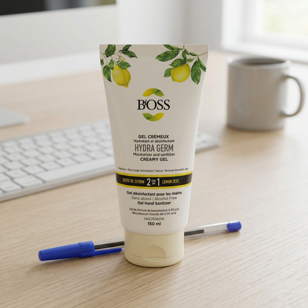 BiOSS Hydra Germ 150ml lemon hand sanitizer tube on a desk next to a pen, keyboard, and coffee mug.
