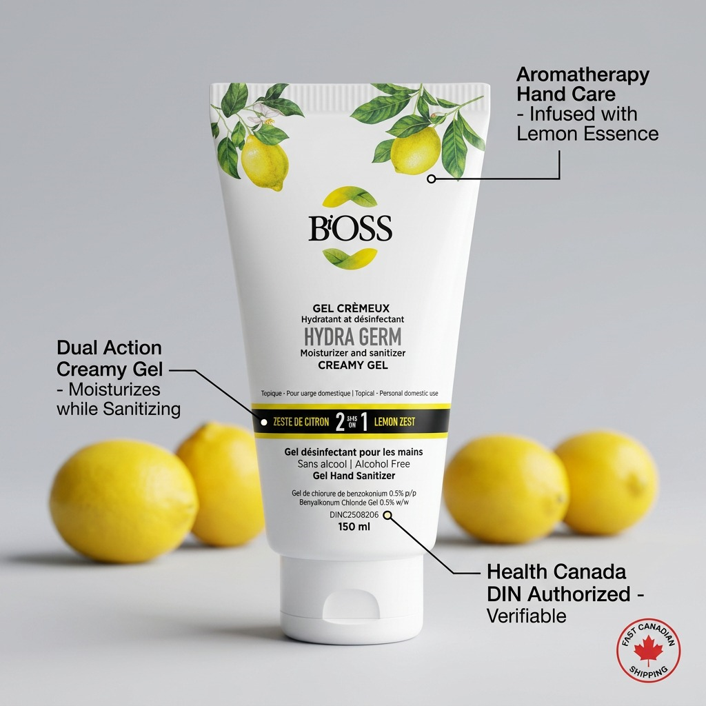 BiOSS Hydra Germ 150ml lemon sanitizer tube with callouts for moisturizer benefits and Health Canada DIN.