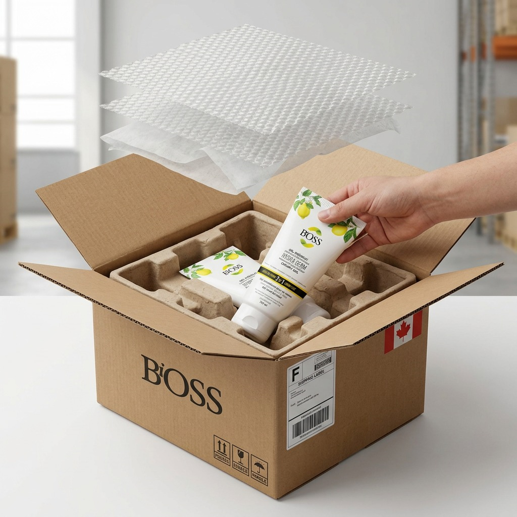 Person unboxing BiOSS Hydra Germ Lemon Sanitizer from a secure cardboard box with protective padding.