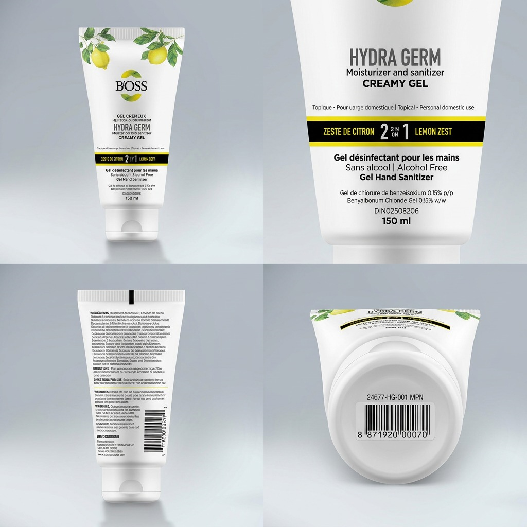 A 4-way grid view of BiOSS Hydra Germ 150ml Lemon Sanitizer showing front, back, and label details.