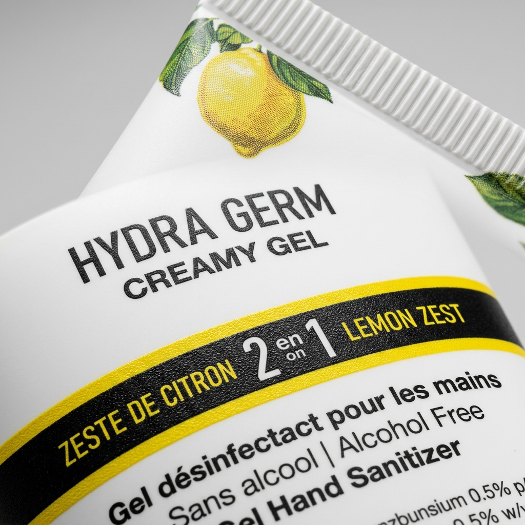 Macro detail of BiOSS Hydra Germ 2-in-1 Creamy Gel texture print, lemon logo, and tube ridges.