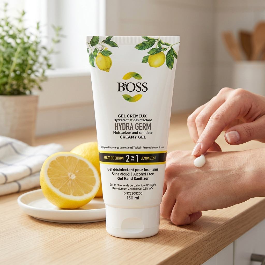 BiOSS Hydra Germ Lemon 2-in-1 sanitizer gel being applied to a hand in a bright kitchen setting.