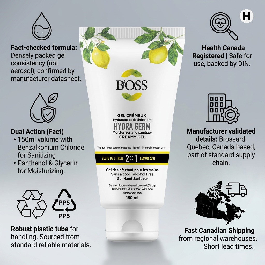 Infographic for BiOSS Hydra Germ 150ml Lemon gel featuring Health Canada approval and shipping info.