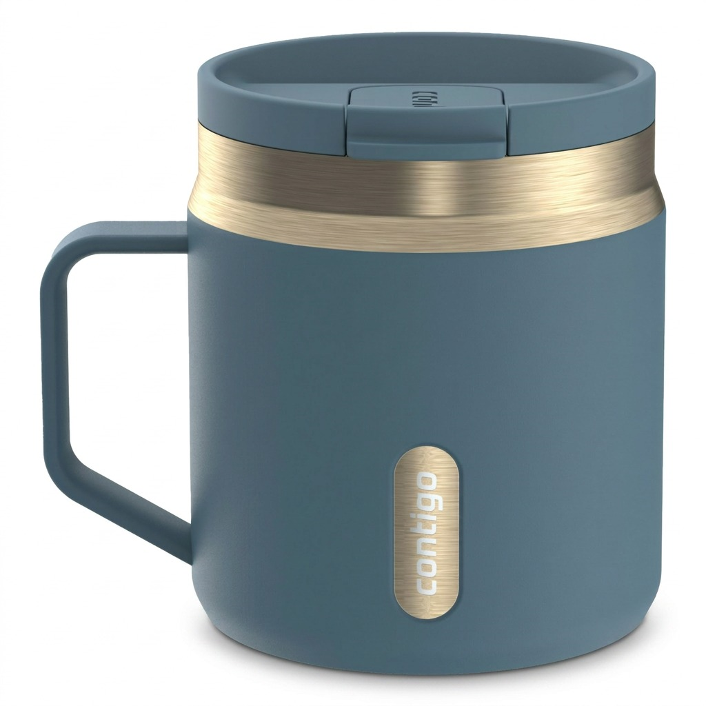 A high-resolution, centered image of a Denim-colored Contigo travel mug with gold accents, set against a pristine, seamless white background.