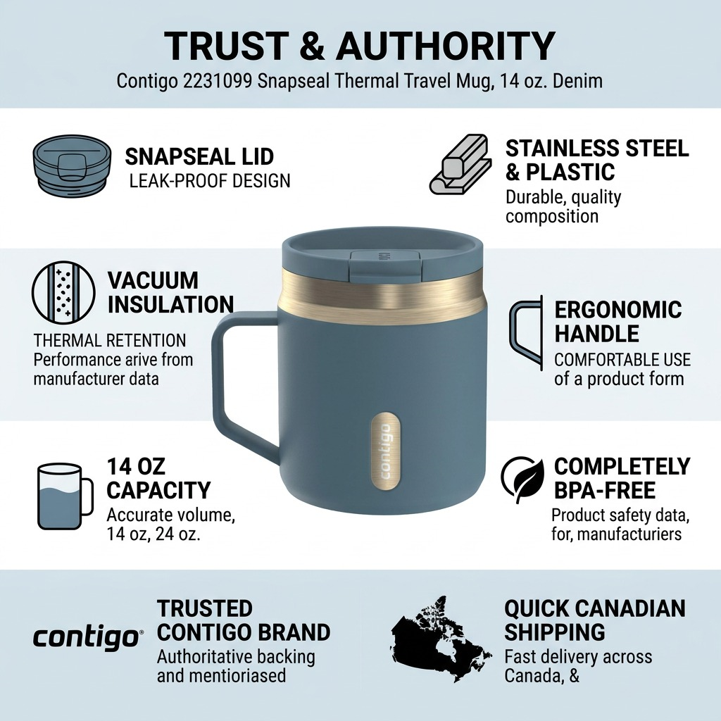 An infographic for the Contigo 2231099 Snapseal Travel Mug, with trust icons and short factual descriptions.