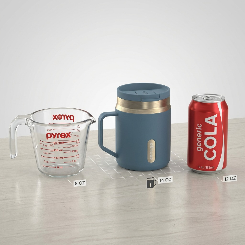 Scale reference photo: Denim blue travel mug next to a 1-cup Pyrex and soda can for sizing.
