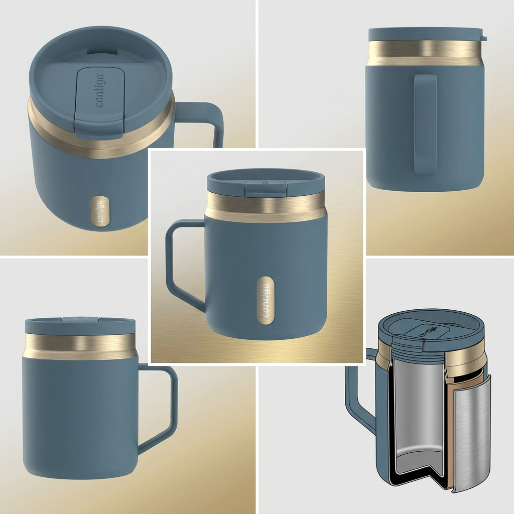 A five-panel grid image displaying the Contigo 14 oz Denim Snapseal vacuum-insulated mug with gold trim from various angles, including front, side with handle, back, and top.