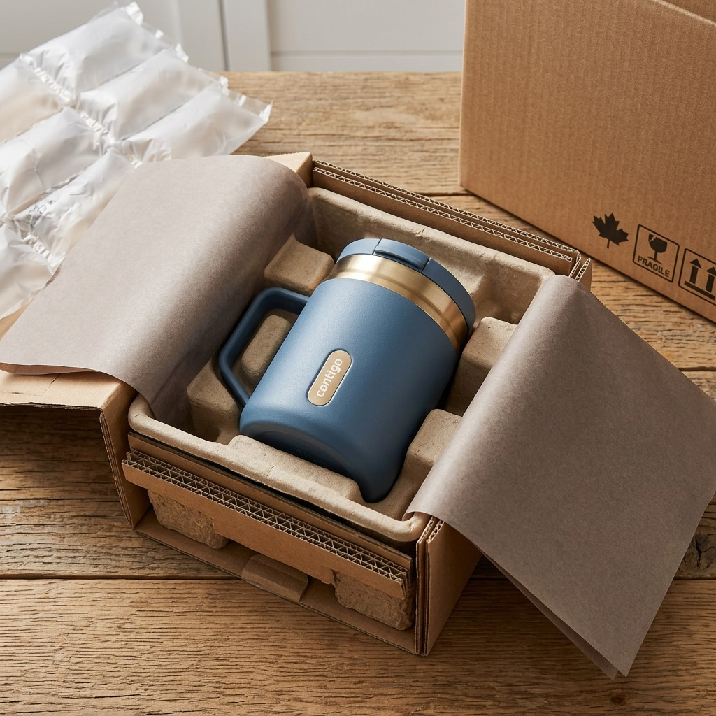 A premium unboxing view of the Contigo Snapseal Travel Mug with form-fitting padding.