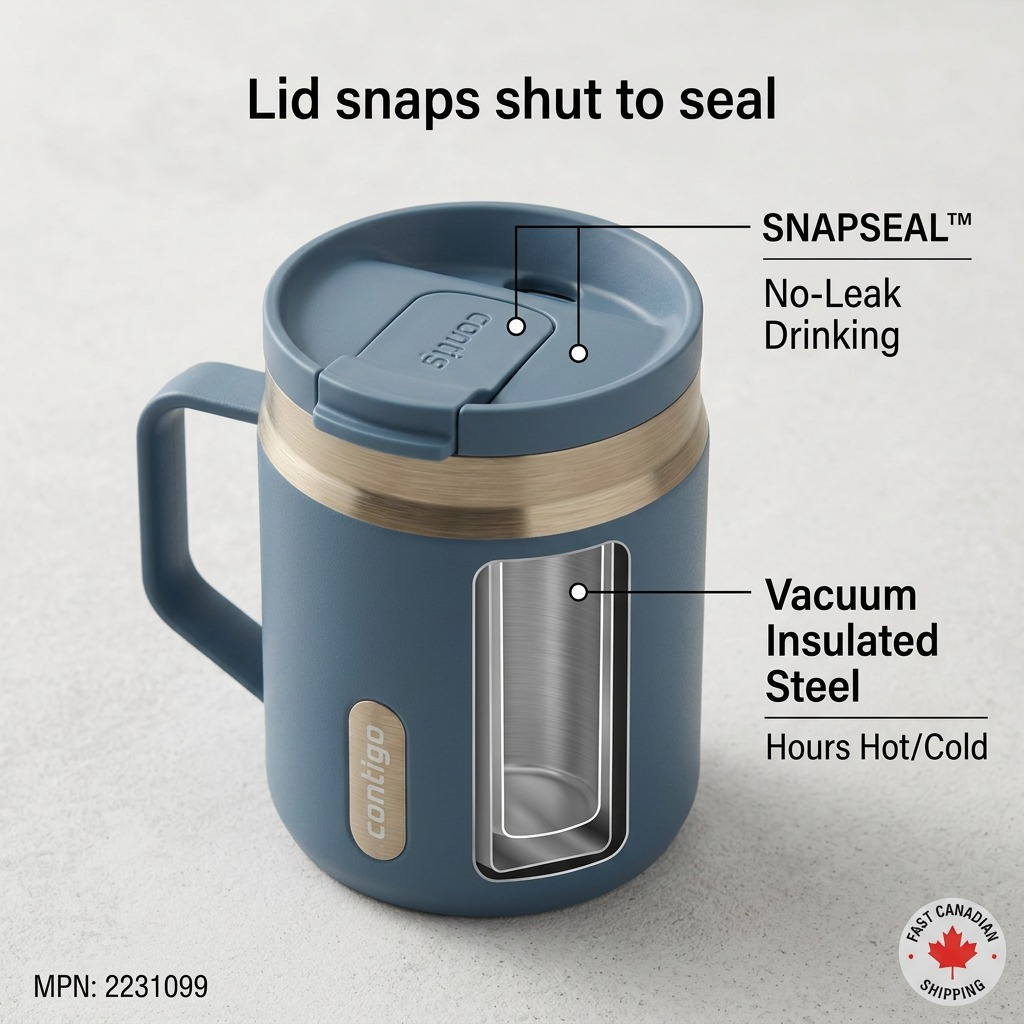 Operational callout for Contigo Snapseal Travel Mug, detailing lid seal and vacuum insulation.