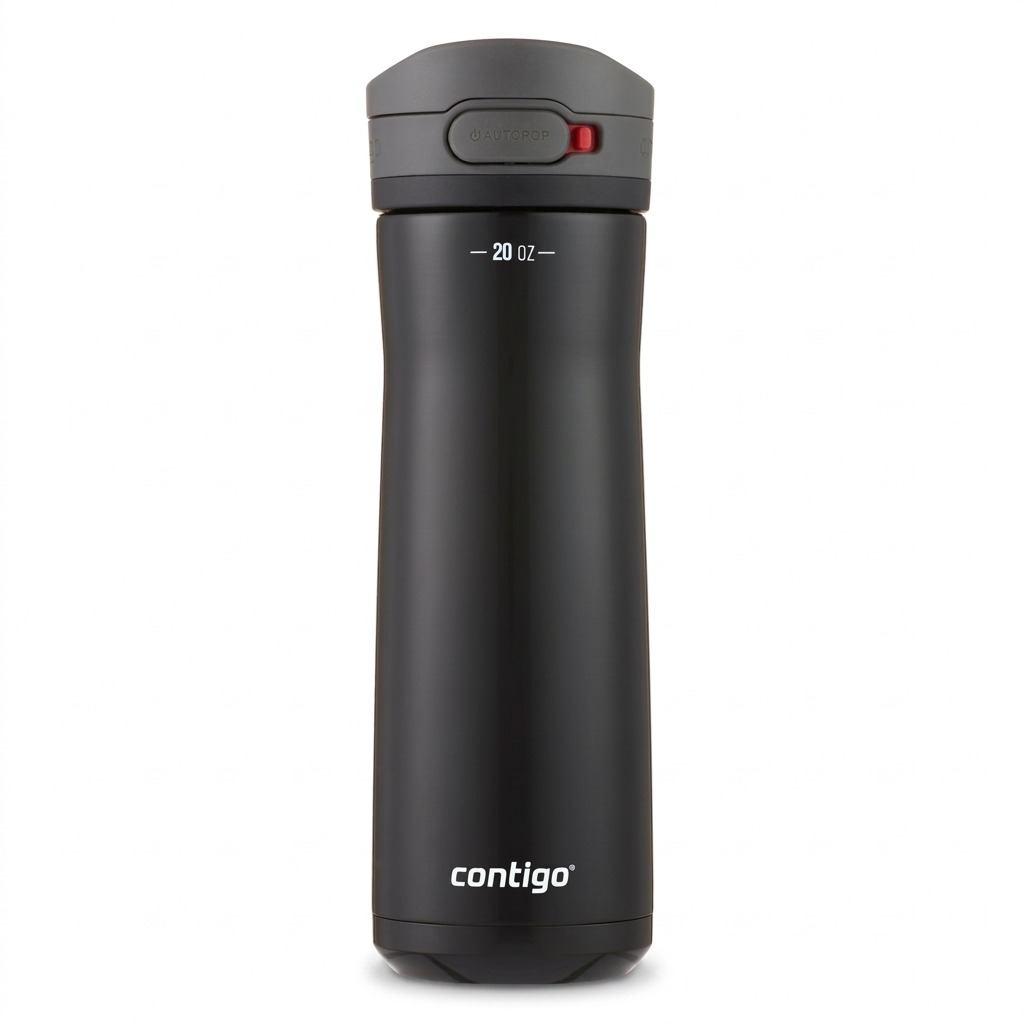 A high-resolution product shot of the black Contigo Jackson Chill 2.0 Water Bottle on a pure white background. The bottle is centered and upright, showing its textured grip and AUTOPOP lid with a red safety lock. The matte finish of the 20 oz stainless steel bottle is sharply defined, and a small Contigo logo is visible on the bottom edge.<ctrl46>