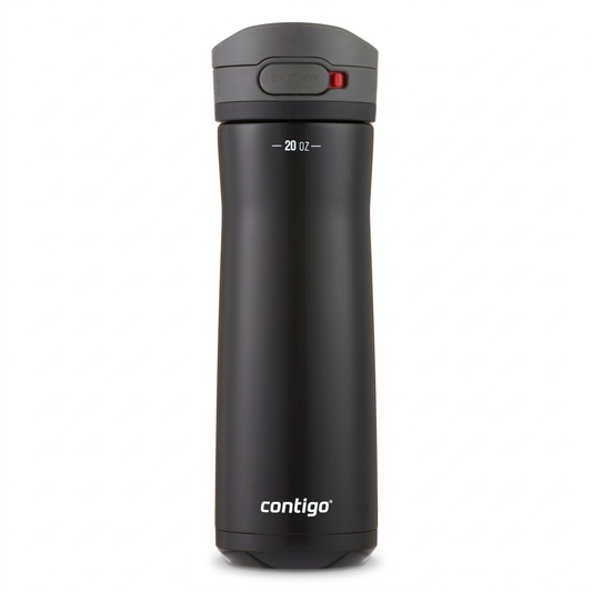 A high-resolution product shot of the black Contigo Jackson Chill 2.0 Water Bottle on a pure white background. The bottle is centered and upright, showing its textured grip and AUTOPOP lid with a red safety lock. The matte finish of the 20 oz stainless steel bottle is sharply defined, and a small Contigo logo is visible on the bottom edge.<ctrl46>