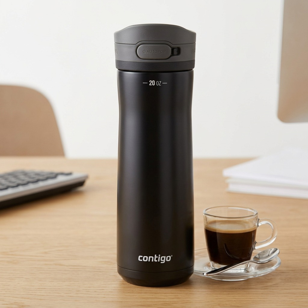 A studio photograph on a white background showing a small cup of brewed coffee next to a Contigo Jackson Chill 2.0 water bottle for a clear scale reference.