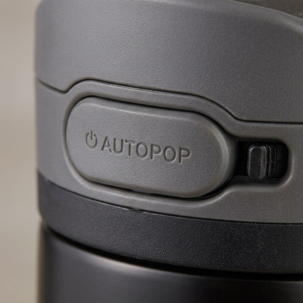 extreme macro shot of the Contigo AUTOPOP button mechanism on a black bottle, showing texture and precise fit.