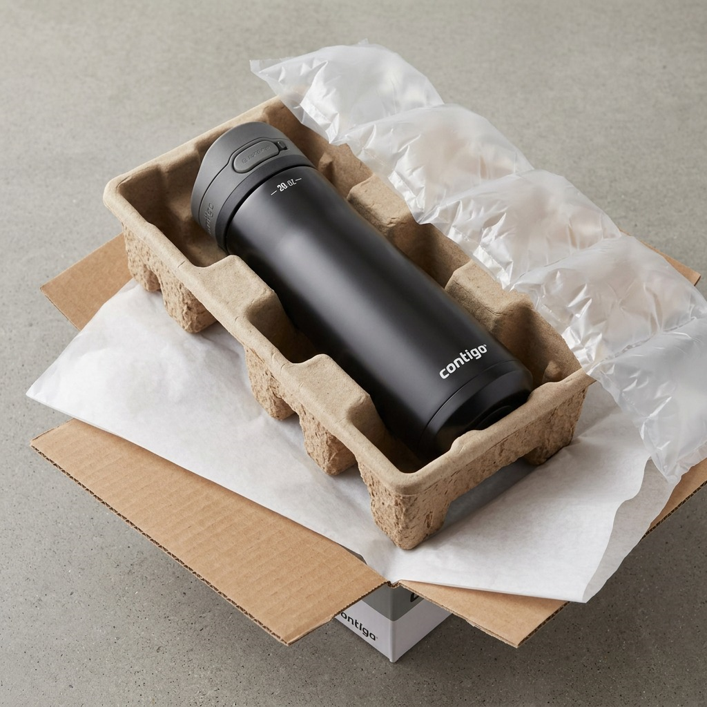 Unboxing a Contigo 2148676. The product rests in protective cardboard with bubbles and tissue. The base and box text are clear.