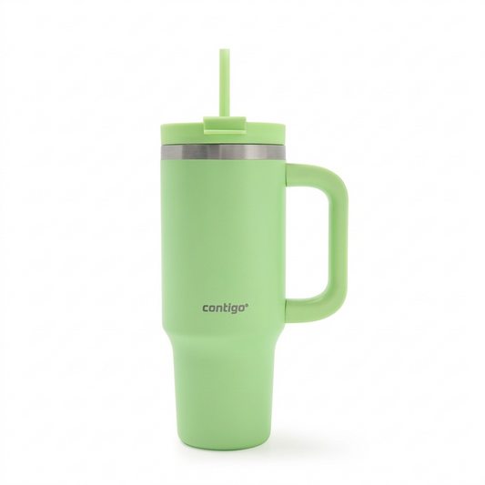 A high-resolution hero shot of the Contigo 30 oz Streeterville Tumbler, Cucumber color, standing centered against a pure white background.