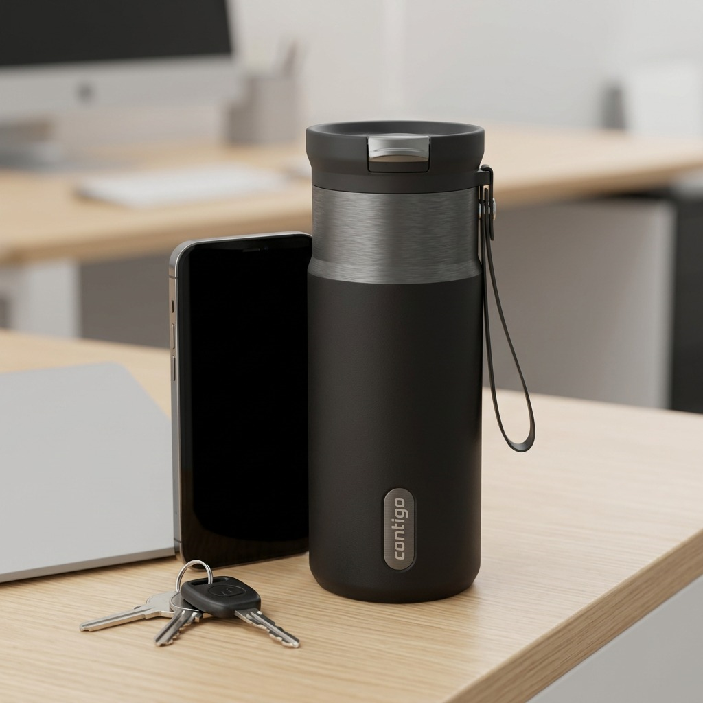 An image showing the Contigo travel mug next to common objects like a phone and a set of keys for size comparison.