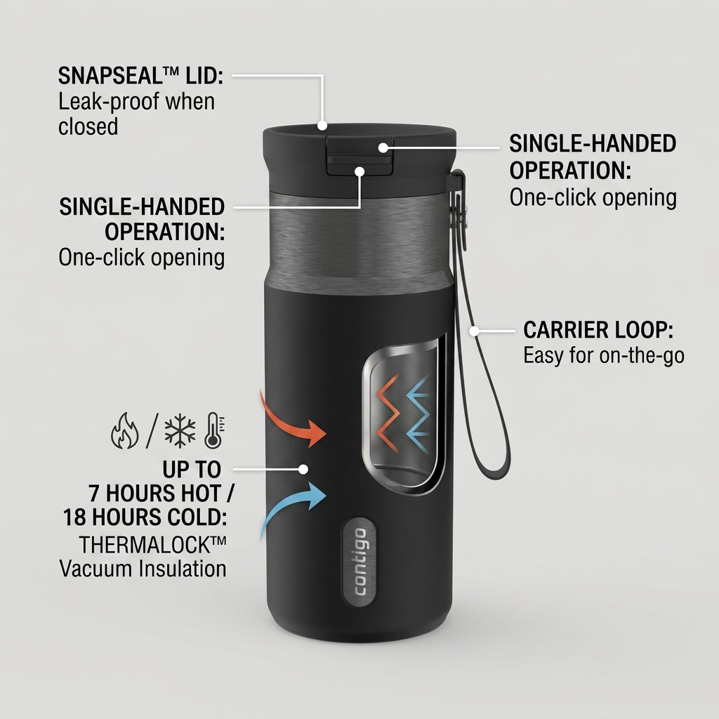 Feature graphic showing Contigo Snapseal mug capabilities, including insulation and carrier loop.