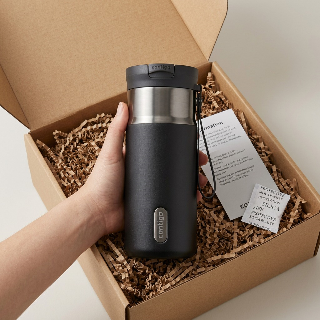 A Contigo travel mug being unboxed from a well-cushioned cardboard shipping box with packing material.