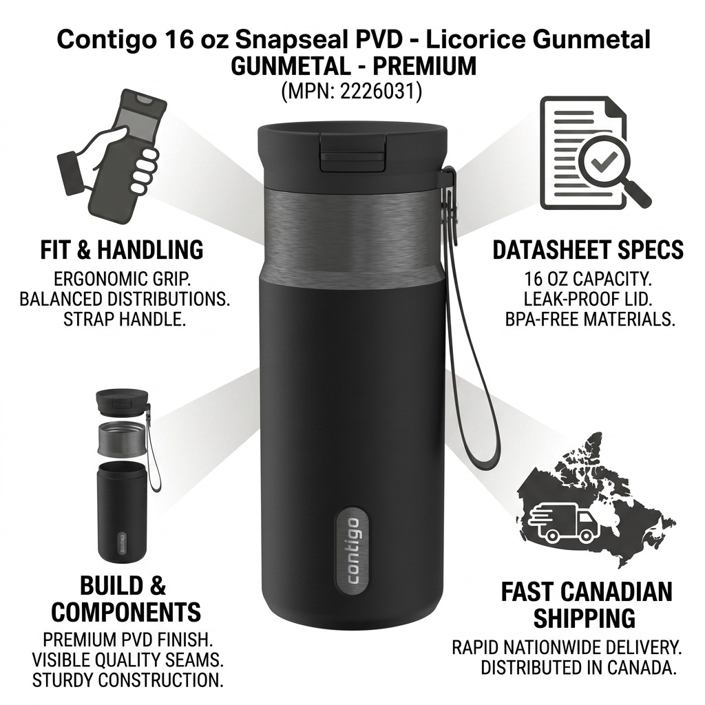 A product datasheet infographic showcasing the precise Contigo 16oz travel mug.