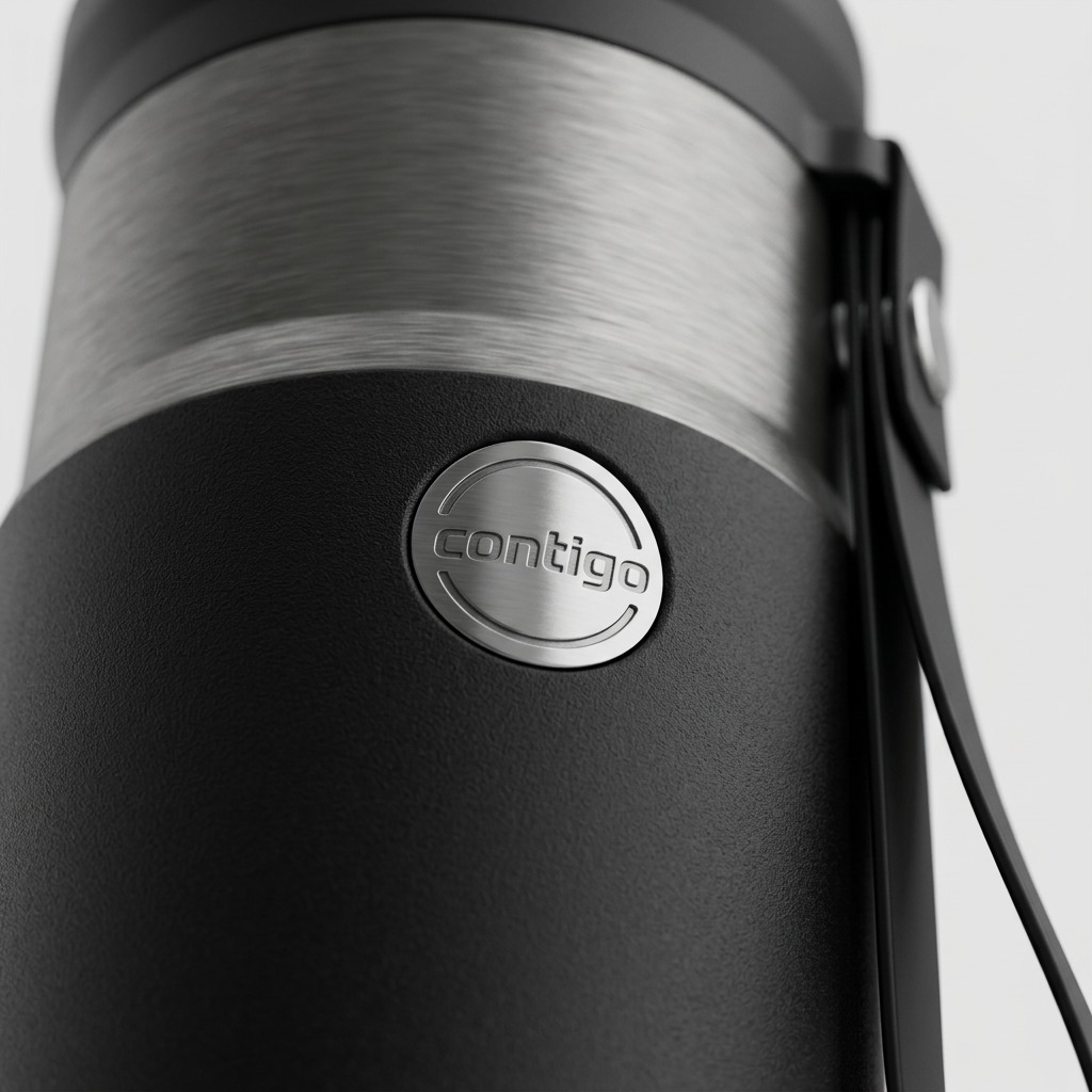 Macro of Contigo 16oz Snapseal: Matte black texture, brushed gunmetal, strap detail, and logo inlay.
