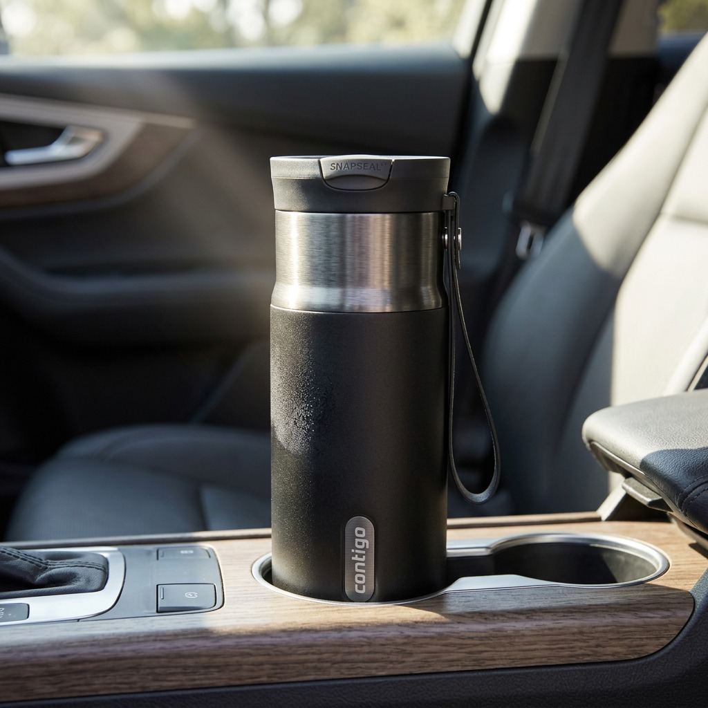 A 16 oz Contigo Snapseal thermal mug in Licorice Gunmetal rests in a car cup holder in mid-commute.