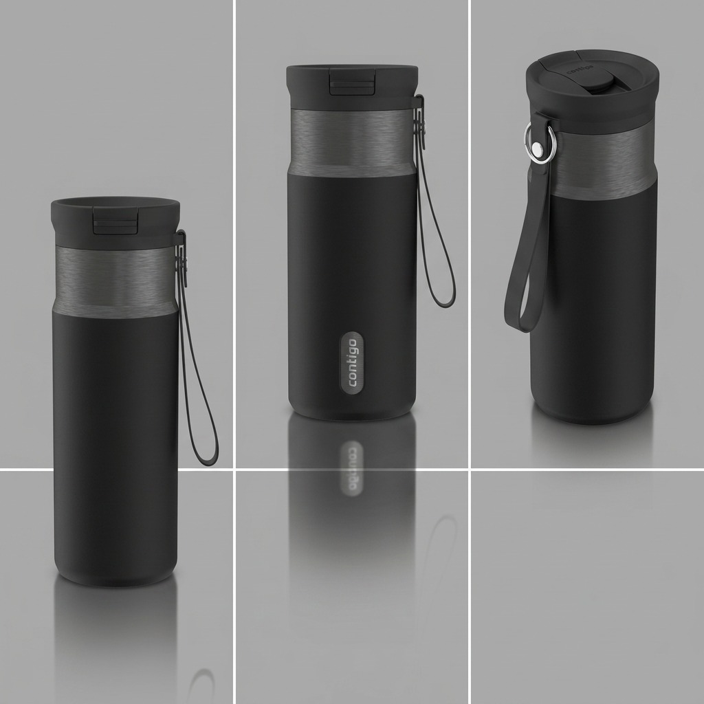 A configuration matrix showing side, front-facing, and rear views of the Contigo Snapseal travel mug.
