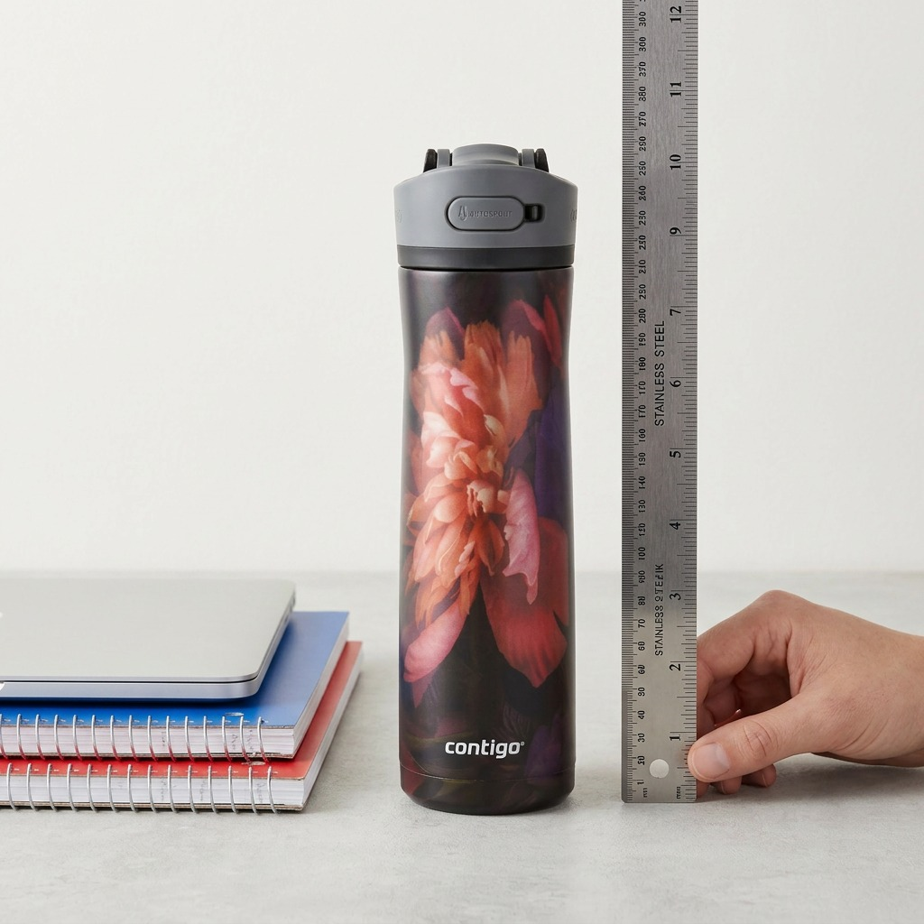 The Contigo water bottle with Nightflower pattern is shown standing closely next to a stack of a laptop and a stack of standardized notebooks on a clean desk. The comparison offers a clear visual scale reference.