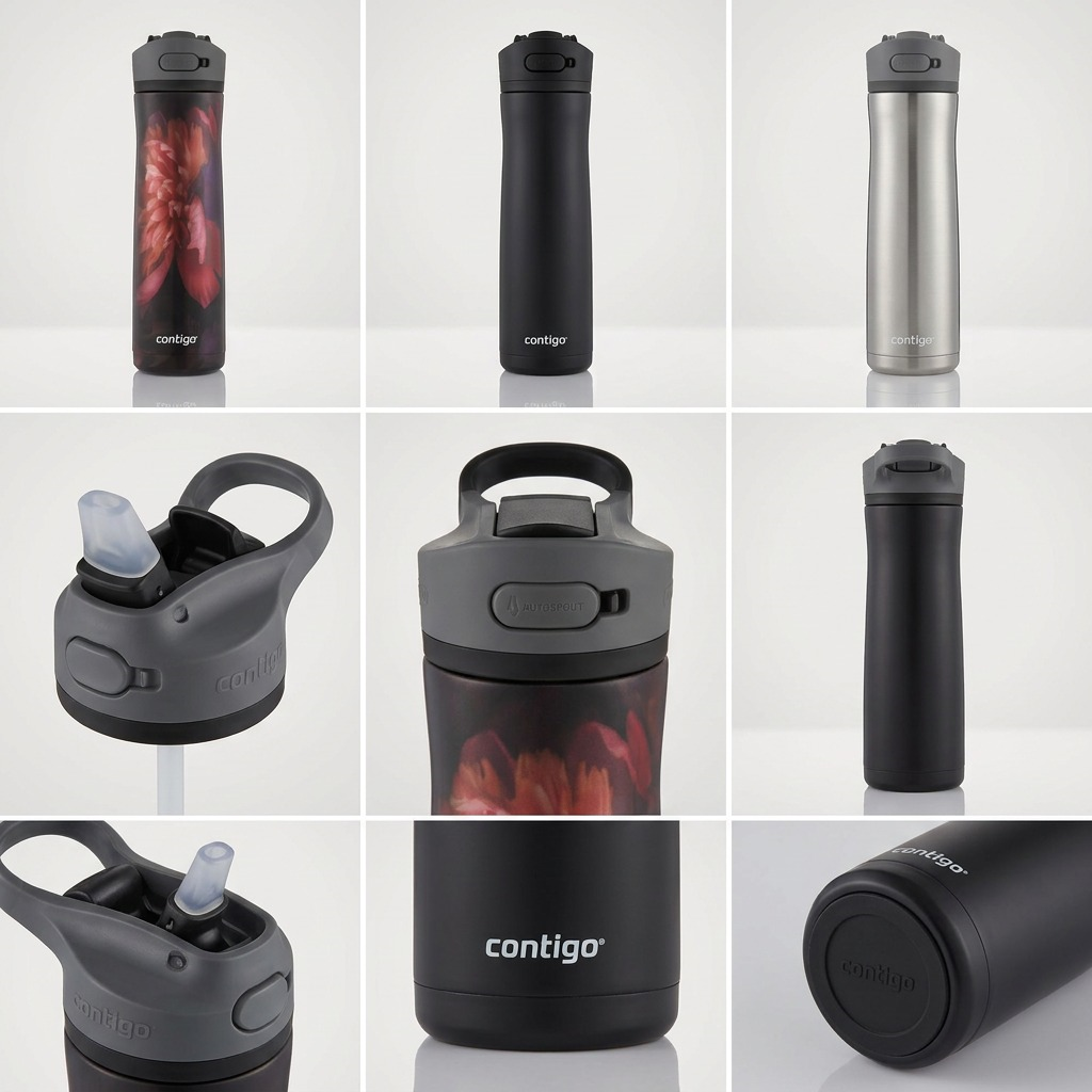 An 8-cell matrix displaying multiple views and features of the Contigo Ashland Chill 2.0 water bottle.
