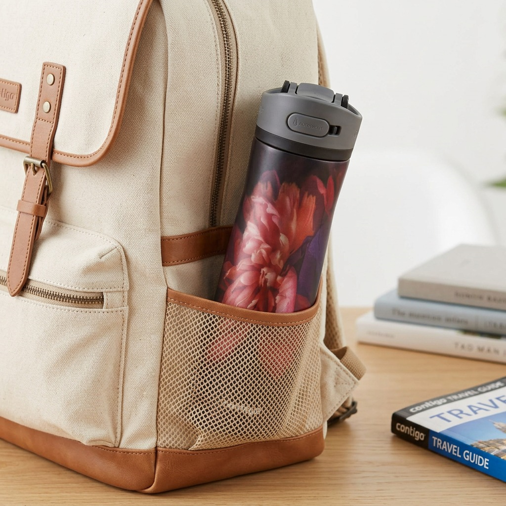 Lifestyle photo showcasing the Contigo Nightflower water bottle in a clean bag with a phone and headphones.