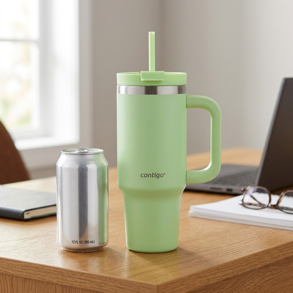 A lime-green Contigo 30 oz tumbler stands next to a standard 12 oz aluminum soda can on a wood desk.