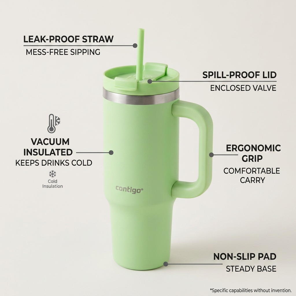 Operational feature callouts for Contigo Streeterville Cucumber, highlighting leak-proof and ergonomic design.