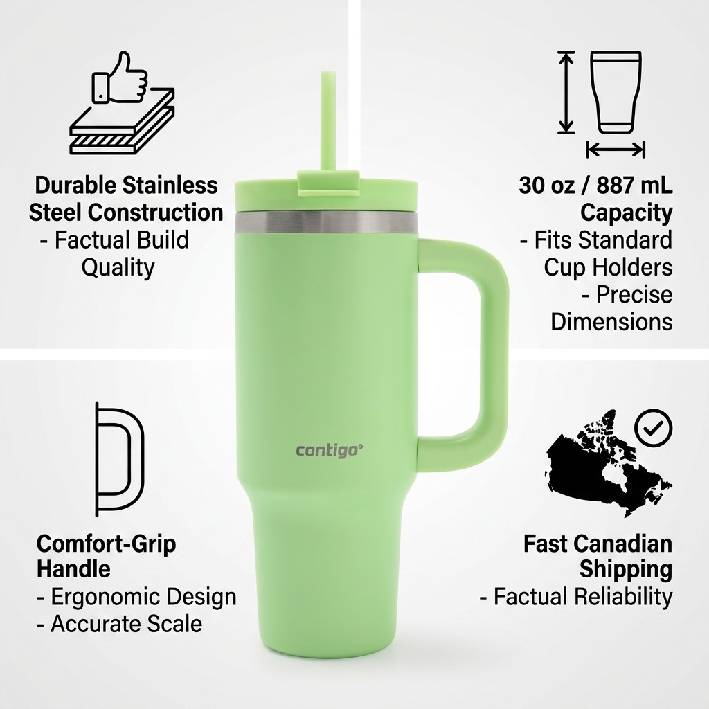 Trust and authority infographic showing features and fast Canadian shipping for the green Contigo Streeterville Tumbler.