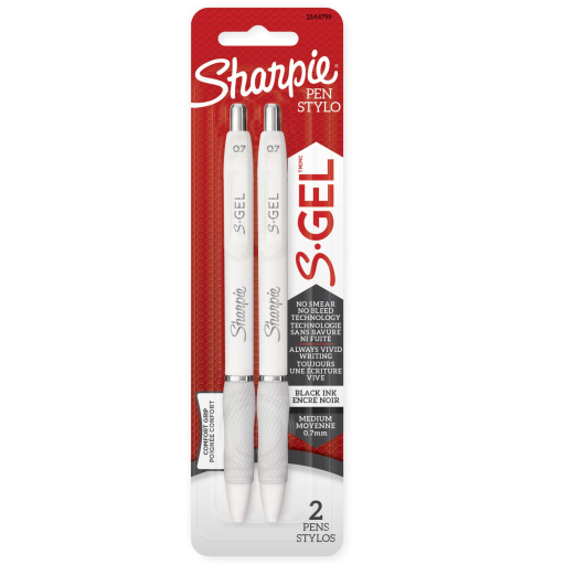 Sharpie S-Gel, Gel Pens, Medium Point (0.7 mm), Pearl White Barrel, Black Gel Ink Pens, 2 Count
