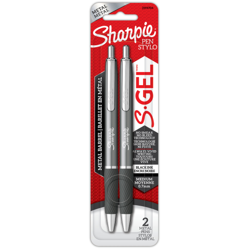 Sharpie S-Gel, Gel Pens, Sleek Metal Barrel, Gunmetal Body, Medium Point (0.7 mm), Black Ink, 2 Count