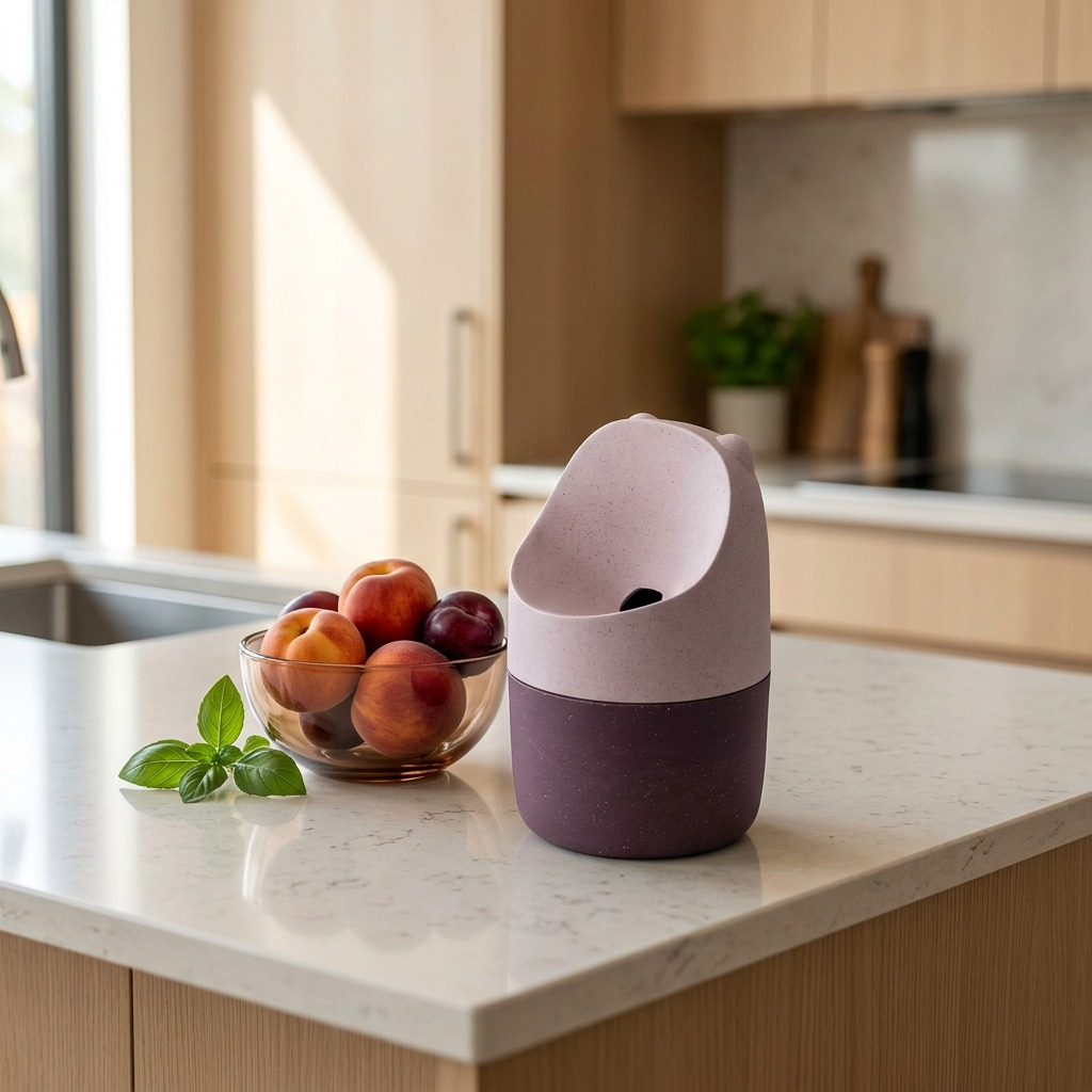 Lifestyle view of the Happy Sinks KONNA Fruit Fly Trap in Garden Rose on a modern kitchen counter.